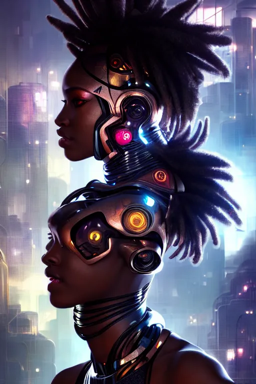 Image similar to ultra realistic, beautiful female african cyborg in a crowded smoky cyberpunk club in space megalopolis, sci - fi, intricate details, eerie, highly detailed, octane render, 8 k, art by artgerm and alphonse mucha and greg rutkowski