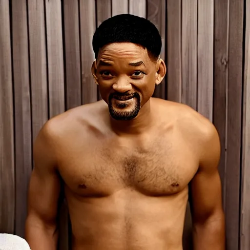 Prompt: Will Smith in a sauna with hairy chest