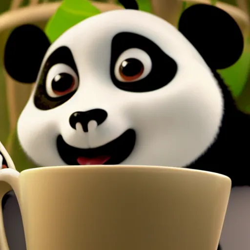Image similar to a cute panda with big eyes looking at a cup of coffee, bamboos on background. Pixar Disney 4K 3d render funny animation movie Oscar winning trending on ArtStation and Behance. Ratatouille style.