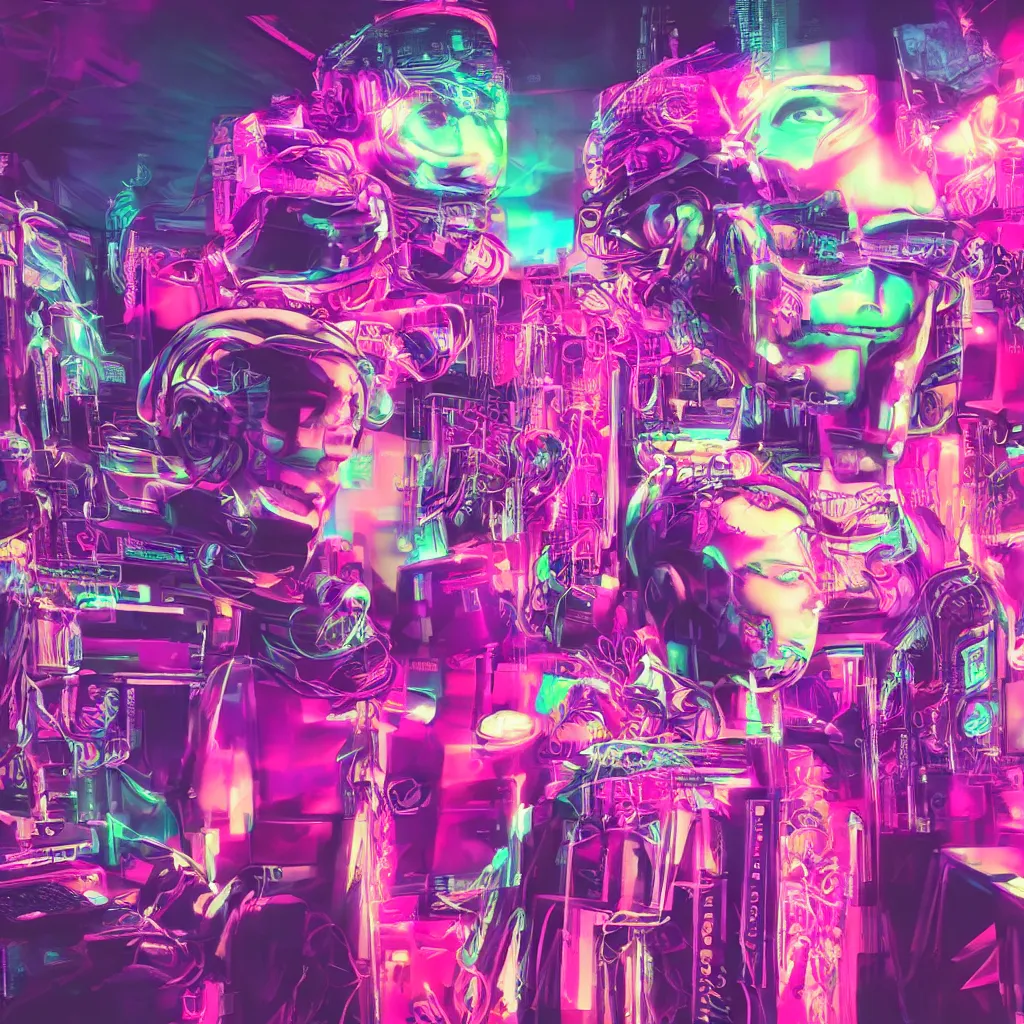 Prompt: a realistic detailed studio portrait photo of a monster, vaporwave synthwave cyberpunk psychedelic