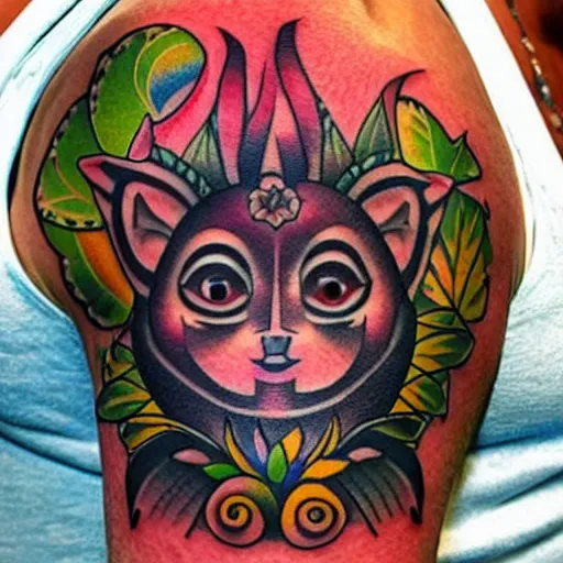 Prompt: shoulder tattoo of a meditating cute bush baby with trippy eyes and glowing multicolored chakra symbols, surrounded with colorful lotus flowers, insanely integrate