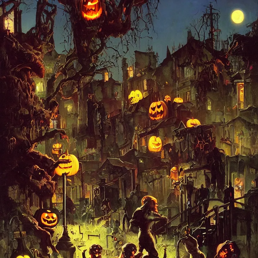 Image similar to halloween scene in a suburban neighborhood, surrounded by ancient monoliths with glowing runes. highly detailed science fiction painting by norman rockwell, frank frazetta, and syd mead. rich colors, high contrast, gloomy atmosphere, dark background. trending on artstation
