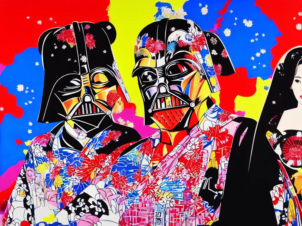 Image similar to hyperrealistic composition, in the middle a woman in a japanese kimono, behind her stands darth vader, in front of her a table from the casino, in the background is mount fuji and fireworks, pop - art style, jacky tsai style, andy warhol style, acrylic on canvas