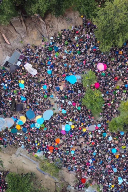 Prompt: an arial shot of a long line of people, a pile of art at the bottom of a deep ravine, people lined up to drop their art into the ravine