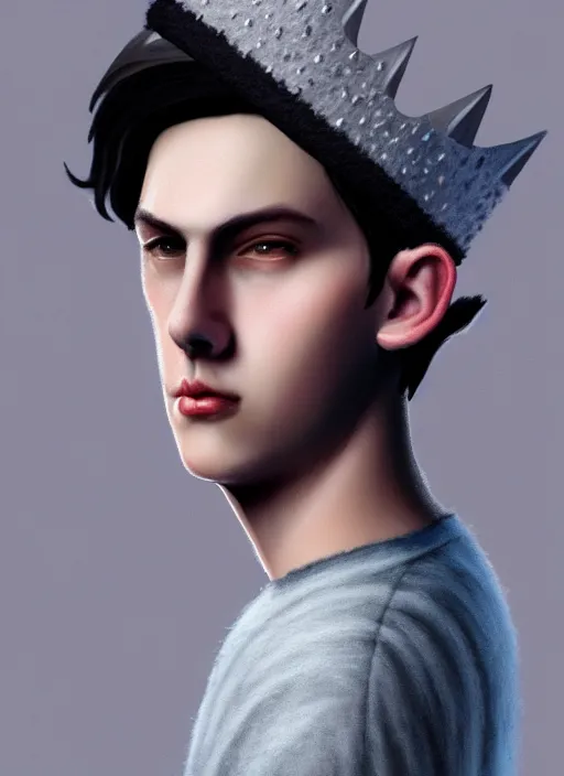 Image similar to portrait of teenage jughead jones wearing a light grey crown, photorealistic, crown made of felt fabric, crown, crown made of felt, black hair, intricate, elegant, highly detailed, digital painting, glowing lights, artstation, concept art, smooth, sharp focus, illustration, art by wlop, mars ravelo and greg rutkowski