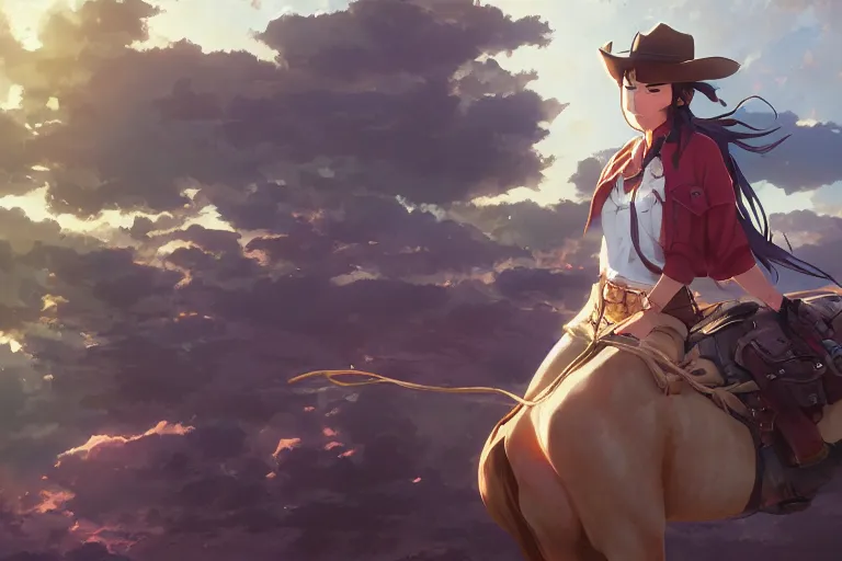 Image similar to western cowgirl, single subject, scenic full shot, ambient lighting, detailed face, by makoto shinkai, stanley artgerm lau, wlop, rossdraws