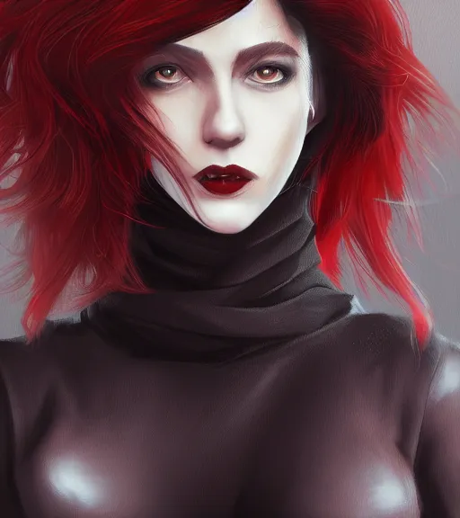 Image similar to a woman wearing black clothes, full body shot, red hair, highly detailed, digital painting, artstation, concept art, smooth, sharp focus, illustration