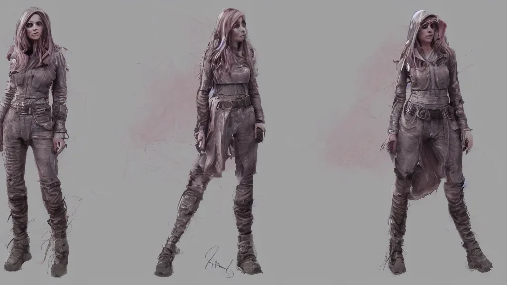 Prompt: character sheet for a light pink long haired beautiful realistic female for futuristic modern baggy dark grey jacket oakley glasses baseball hat dystopian mad max like fashion brand hamcus on an alien planet, impact by craig mullins, trending on artstation, bright colors, trending on behance,, hd, 8 k, masterpiece