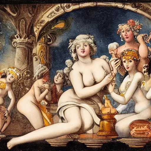 Image similar to The street art shows Venus seated on a crescent moon. She is surrounded by the goddesses Ceres and Bacchus, who are both holding cornucopias. patina, Hanna Barbera by Louis Icart, by Giovanni Battista Piranesi turbulent