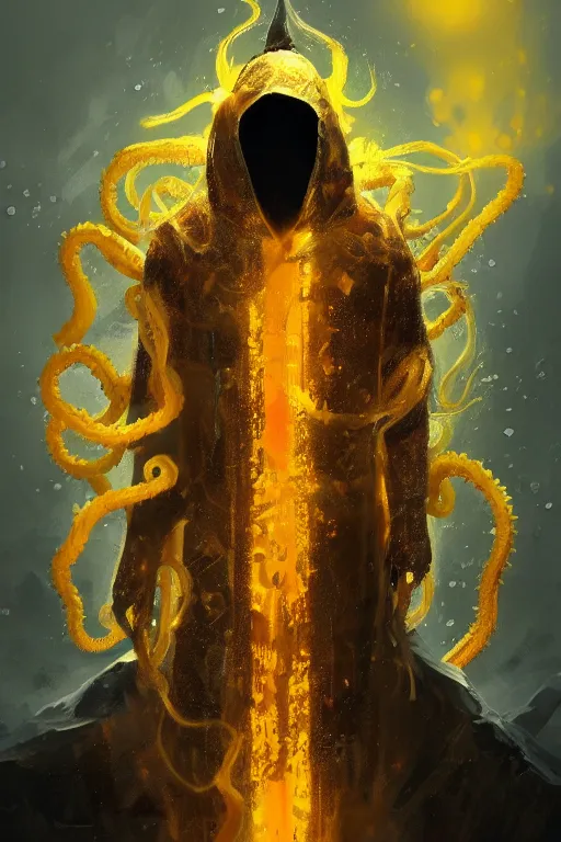 Image similar to A full body portrait of a mysterious character with no face with a very long hooded yellow cloak, a golden crown floating above his head tentacles coming out the ground art by Maciej Kuciara and Jason Chan, ominous, cosmic horror, trending on artstation, Ultra detailed, hyper realistic 4k