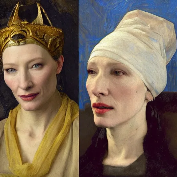 Image similar to cate blanchett by Annie Swynnerton and Nicholas Roerich and Vermeer, strong dramatic cinematic lighting , ornate headdress , lost civilizations, smooth, sharp focus, extremely detailed