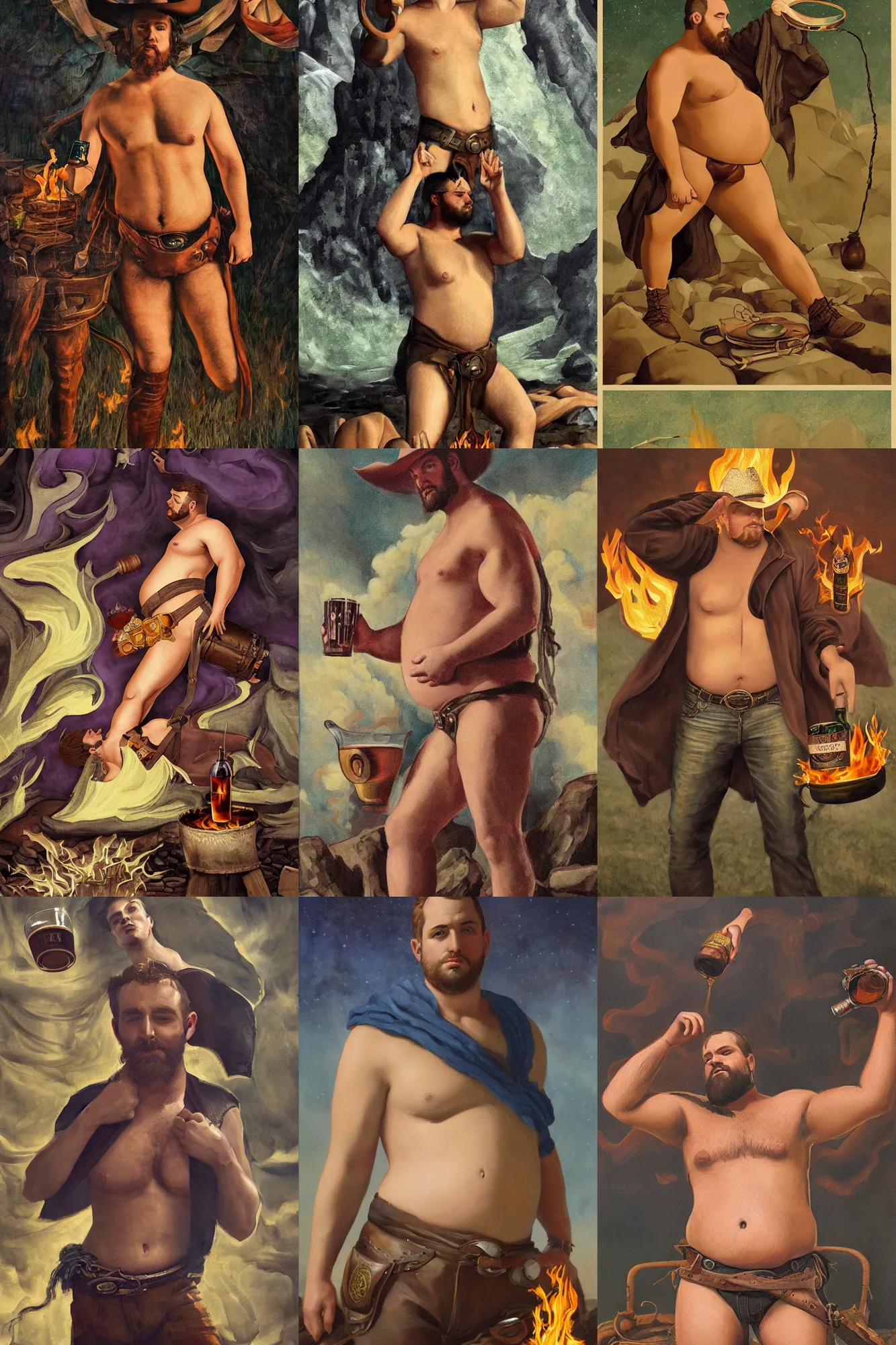 Prompt: a dramatic, epic, ethereal painting of a handsome thicc shirtless cowboy beer belly wearing a leather belt offering you a drink | background is a late night campfire with food and jugs of whisky | tarot!! card, art deco, art nouveau, homoeroticism | by Mark Maggiori | trending on artstation