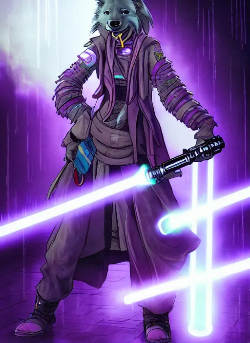 Image similar to character portrait of a female anthro hyena fursona wearing jedi robes wielding an purple lightsaber in a cyberpunk city at night while it rains. hidari, color page, tankoban, 4K, tone mapping, Akihiko Yoshida.