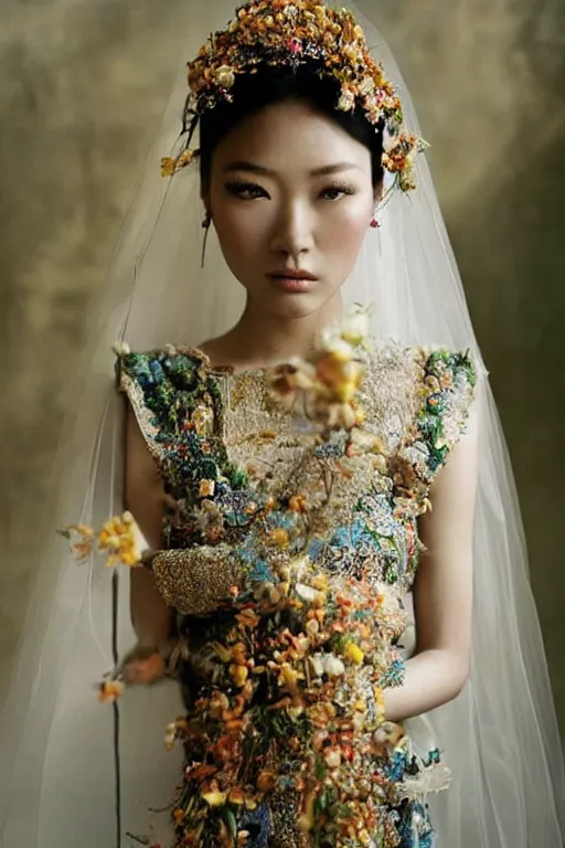 Prompt: very beautiful asian woman, beautiful face, ultradetailed, ethereal, flowers, beautiful wedding dress, gorgeous, volumetric lighting, art by steve mccurry