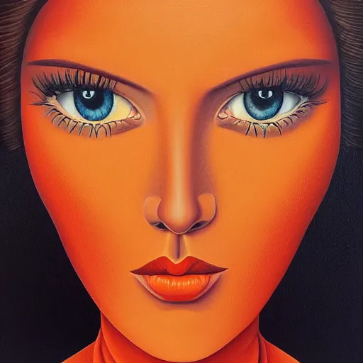 Image similar to a painting of a beautiful woman!!! wearing orange, an ultrafine detailed painting by rafal olbinski, behance contest winner, pop surrealism, detailed painting, very detailed, minimalist, airbrush art