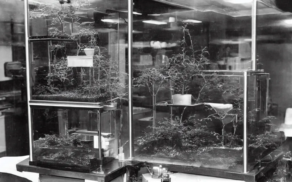 Prompt: very grainy black and white 3 5 mm film photograph of a plant incubator made of glass, stainless steel and precision instruments. there is mist inside and pine bonsai is inside, detection screens outside, highly detailed