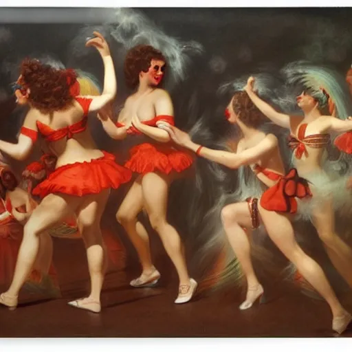 Image similar to a group of women dressed in Ronald McDonald costumes dancing around a boiling cauldron by Luis Ricardo Falero