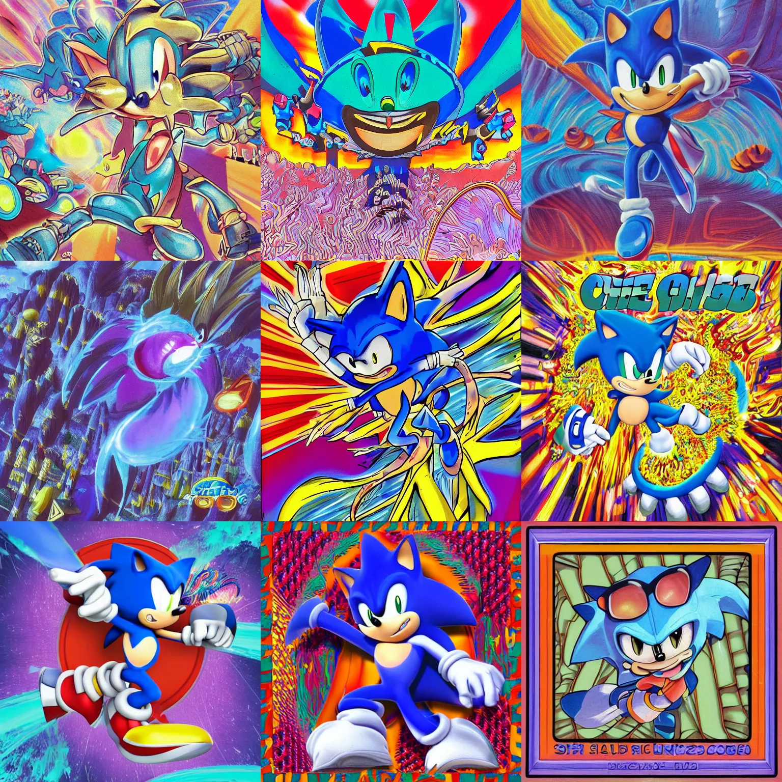 Prompt: sonic the hedgehog in a surreal, sharp, detailed professional, high quality airbrush art MGMT album cover of a liquid dissolving LSD DMT blue sonic the hedgehog surfing through cyberspace, purple checkerboard background, 1990s 1992 Sega Genesis video game album cover