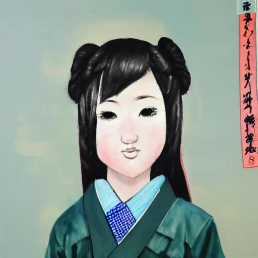 Image similar to an epic painting of Japanese schoolgirl, clothed, mixed media