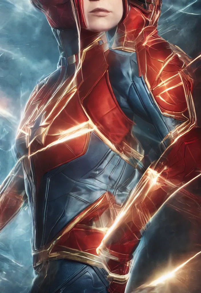 Image similar to full body portrait of captain marvel in full intricate clothing, beautiful face, ultra detailed, octane render, 4K, dystopian, micro details