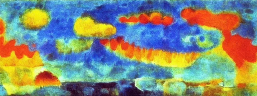 Prompt: Psychedelic sci-fi dreamworld. Landscape painting. Organic. Winding rushing water. Waves. Clouds. Emil Nolde. Paul Klee.