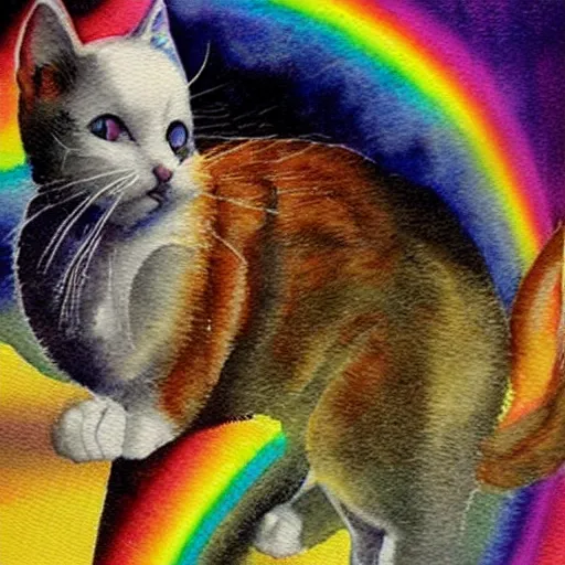 Image similar to a prism magically fractures a white kitten into every color of the rainbow, surreal fantasy watercolor,