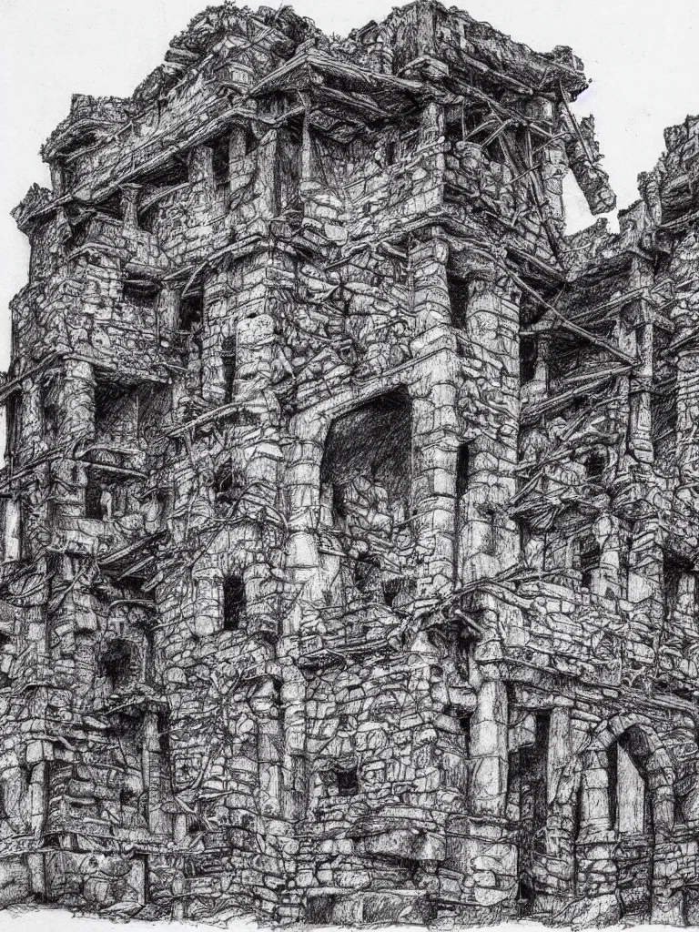 Image similar to A pen drawing of a dilapidated ancient castle building in the wood, by Juan Francisco Casas, high detailed