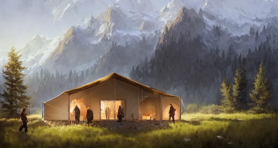 Image similar to cabela's beautiful comfortable modular insulated wall kit - house all weather family dwelling tent house, person in foreground, mountainous forested wilderness open fields, beautiful views, painterly concept art, joanna gaines, environmental concept art, farmhouse, magnolia, concept art illustration, by james gurney, by craig mullins, by greg rutkowski trending on artstation