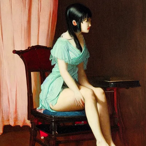 Image similar to painting by frederic edwin church, balaskas christoper, conrad roset, coby whitmore, and chie yoshii. of a pretty cute kawaii japanese girl sitting on antique chair leaning against a desk, sideview, victorian room