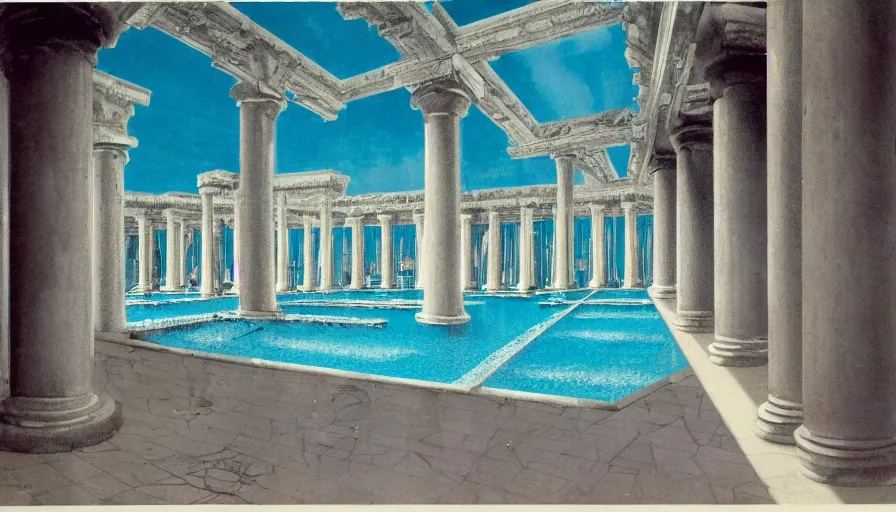 Image similar to A 1985 magazine architecture photo of a pool inside the giant Palace, mediterranean balustrade and columns, refracted lines and sparkles, thunderstorm, greek pool, beach and Tropical vegetation on the background major arcana sky and occult symbols, kitchen by paul delaroche, hyperrealistic 8k uhd, award-winning, 1985