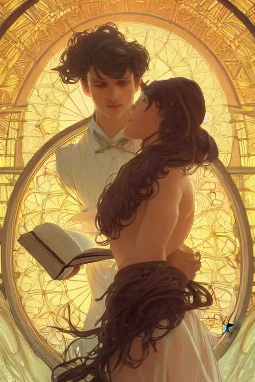 Prompt: a man and women in love, flowing book pages, i've met you thousands of times in thousands of stories, romantic, glowing neon, infinite library, elegant intricate digital painting artstation concept art smooth sharp focus illustration, art by artgerm and greg rutkowski and alphonse mucha