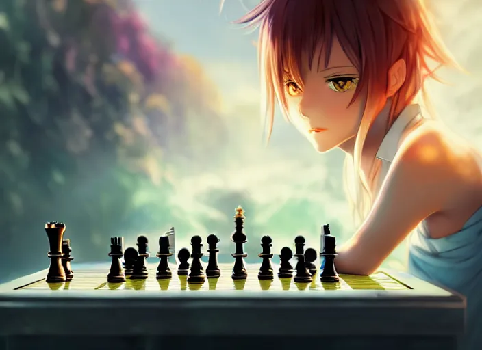 Image similar to beautiful rimuru playing chess, with amber eyes of golden colored eyes, straight hair, sky blue hair, long bangs, high collar, concept art, award winning photography, digital painting, cinematic, by wlop, anime key visual, wlop, 8 k, by ross tran, tom bagshaw, andy warhol