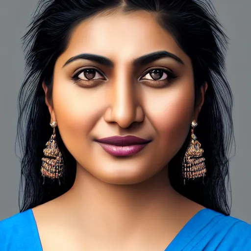 Prompt: highly detailed full body portrait of south asian happy woman in, studio portrait, grey colored eyes, blue colored wear, photo by jerry ghionis, hyper realistic, concept art, 8 k detail post - processing