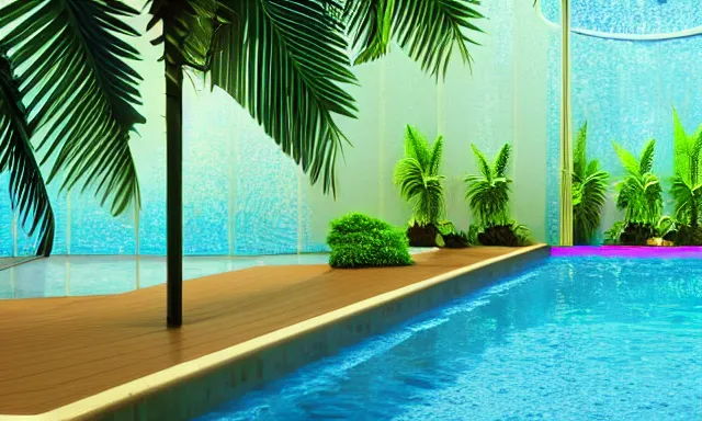 Prompt: 3d render of indoor pool with ferns and palm trees, pool tubes, chromatic abberation, dramatic lighting, depth of field, 80s photo