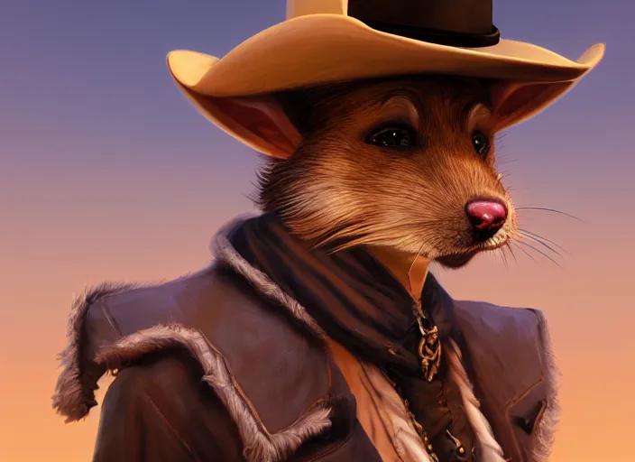 Image similar to character portrait feature of the anthro male anthropomorphic rat fursona wearing cowboy outfit wild west desperado sitting in an old monte carlo, a man whose heart is hollow, character design stylized by charlie bowater, ross tran, artgerm, makoto shinkai, detailed, soft lighting, rendered in octane