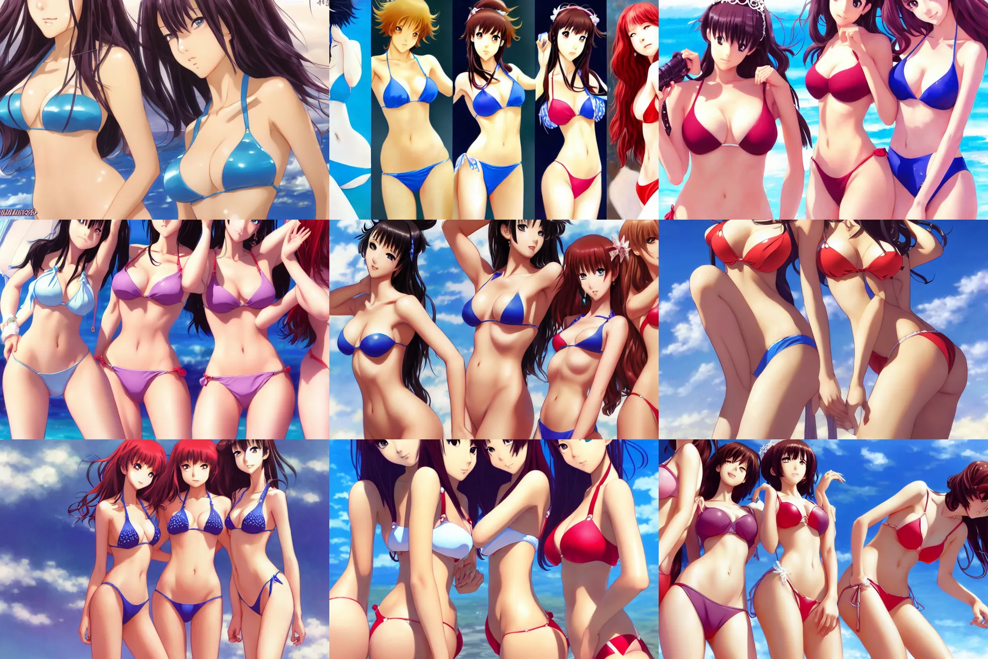 Image similar to close - up princesses posing together in bikini. by takashi takeuchi, yoshiyuki sadamoto, amagaitaro, makoto shinkai, krenz cushart, asao urata, pixiv