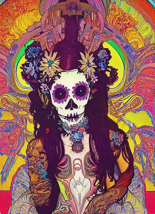 Prompt: realistic detailed psychedelic poster art of a cute punk goth fractal Día de los Muertos girl posing by Victor Moscoso Rick Griffin Alphonse Mucha Jamie Hewlett Moebius, masterpiece