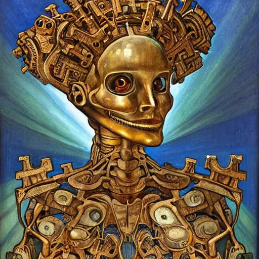 Prompt: the robot wearing the bone crown, by Annie Swynnerton and Diego Rivera, symbolist, dramatic lighting, elaborate geometric ornament, Art Brut ,god rays, soft cool colors,smooth, sharp focus, extremely detailed, Evelyn De Morgan