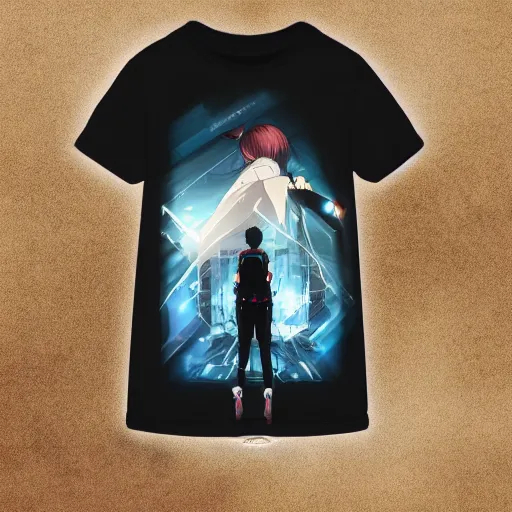 Prompt: shirt art, logo graphic design, frame around picture, manga style, realistic lighting, futuristic solid colors, made by ilya kuvshinov, sold on sukebannyc, from arknights, girl, elegant, shoulder eyes, sport clothing, running shoes, simple background