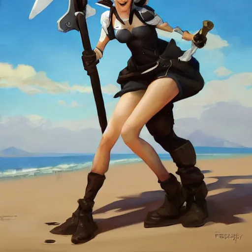 Image similar to greg manchess painting of tracer from overwatch as 2 b nier automata on the beach holding a sword, organic painting, sunny day, matte painting, bold shapes, hard edges, street art, trending on artstation, by huang guangjian and gil elvgren and sachin teng