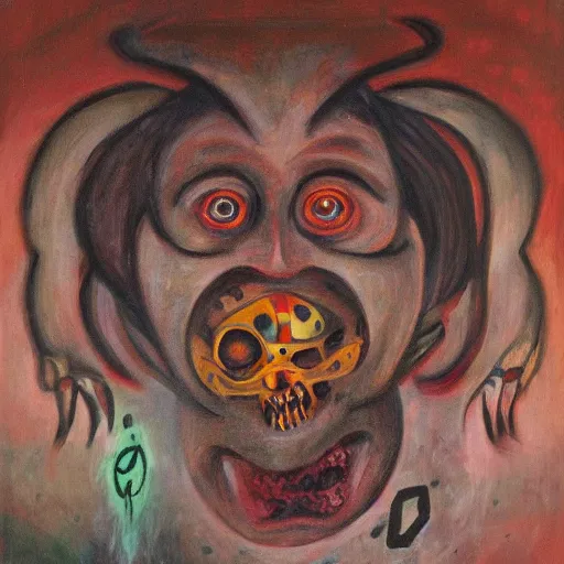 Image similar to portre of an autistic demon on acid, masonic and kabalistic symbols in background, oil painting