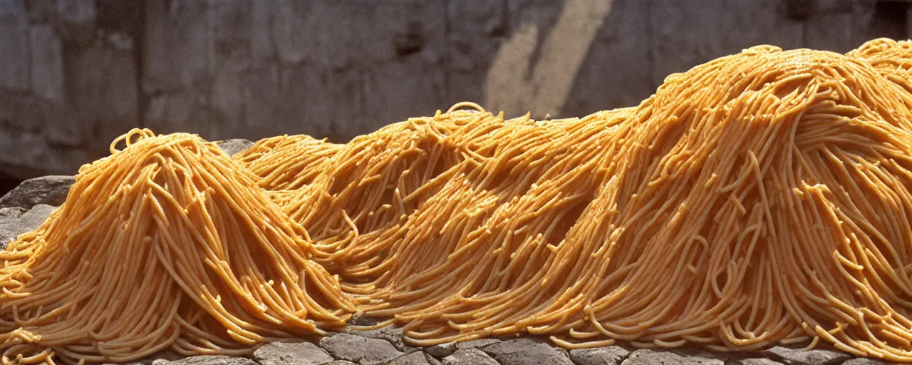 Image similar to pile of spaghetti at the great wall of china, fine detail, canon 5 0 mm, in the style of galen rowell, kodachrome,