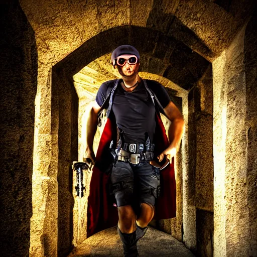 Prompt: picture of epic hero adventurer wearing sunglasses exploring the crypt, good lighted photo, sharp details, detailed, hd, hdr