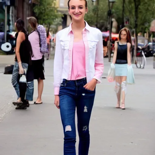 Prompt: 1 9 years old slim gabriella papadakis wearing white jean and pink shirt