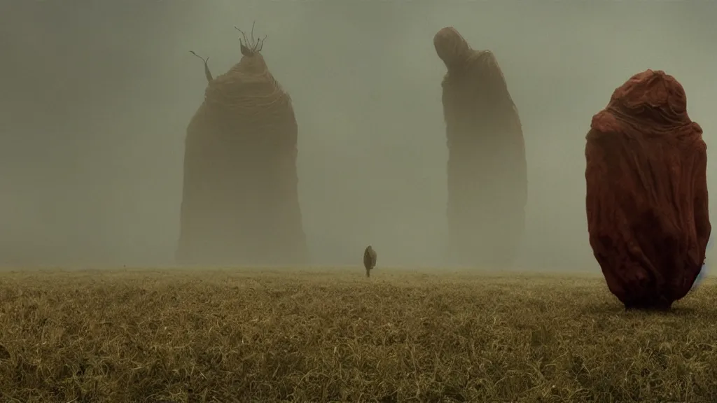 Prompt: we talk to the giant insect in our home, he is not happy, film still from the movie directed by Denis Villeneuve with art direction by Zdzisław Beksiński, wide lens