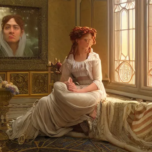 Image similar to a very detailed portrait painting of Isabelle, a very detailed french room, a very detailed dramatic sky, light particles, environment drawn by Donato Giancola and Tom Bagshaw, Edmund Leighton, character design by Alphonse Mucha, 4k, volumetric lighting, komorebi, award winning, octane render, hyperrealistic