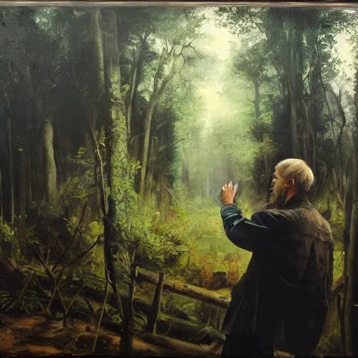 Image similar to a man looking in the forest to see an oversized terrifying monster, dramatic oil painting