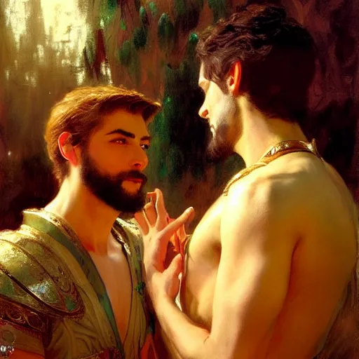 Image similar to attractive fully clothed king confesses his love for his attractive fully clothed male prince. highly detailed painting by gaston bussiere, craig mullins, j. c. leyendecker 8 k