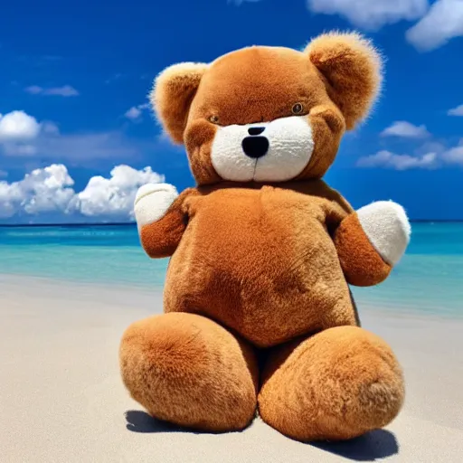 Image similar to an adorable fierce furry chubby monster with long floppy rabbit ears teddy bear body and wolf legs, Smiling at the camera with a mischievous grin, happy lighting, at a tropical beach