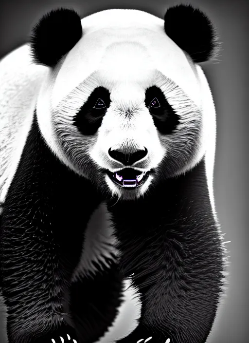 Prompt: a synthwave panda, face is made intricate tribal bio - mechanical, bw, unreal engine, glamor shot, nikon d 7 5 0, closeup, f / 2. 8, low contrast, 1 6 k, rim lighting, optical fiber, cinematic lighting, insanely detailed and intricate, hypermaximalist, elegant, ornate, hyper realistic,